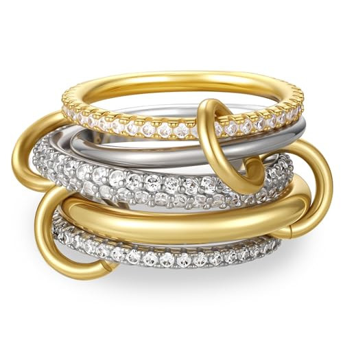 Fimhut Stackable Rings for Women, 18K Gold Plated Cubic Zirconia Rings, Silver Gold Multi Ring Mixed Metals Stackable Ring Set for Women Non Tarnish.Christmas Gift Size 8 | Amazon (US)