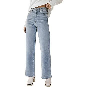 KDF Straight Leg Jeans for Women High Waisted Jeans Frayed Baggy Pants Raw Hem Loose Stretchy Cro... | Amazon (US)