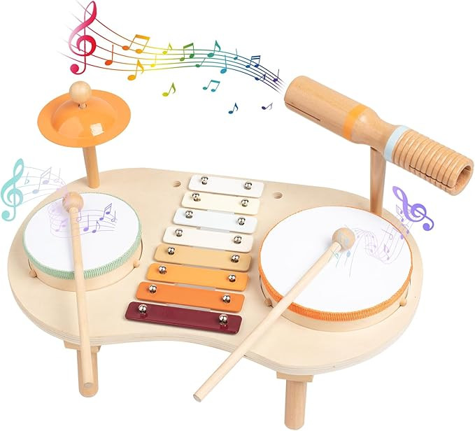 Kids Drum Set for Toddlers 3-5, Preschool Educational Baby Musical Toys, Wooden Musical Instrumen... | Amazon (US)