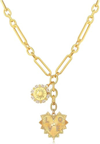 Sun Heart Charms Necklace Chunky Gold Necklace Heart Pendent Necklaces for Women 18K Gold Plated ... | Amazon (US)