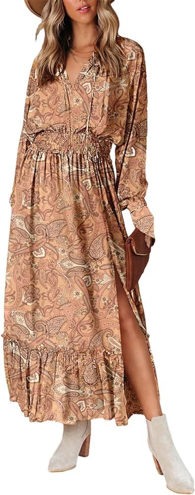 BLENCOT Women's Long Sleeve Wrap Dress V Neck Boho Floral High Waist Flowy Ruffle Split Maxi Dres... | Amazon (US)