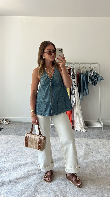 6/4/24 Casual summer outfit 🫶🏼 Summer outfit inspo, summer fashion trends, summer trends, summer outfits, white jeans, free people style, free people outfits, denim top, denim halter top, Birkenstock sandals, chunky jewelry, fashion accessories, fashion trends, trendy summer outfits 
