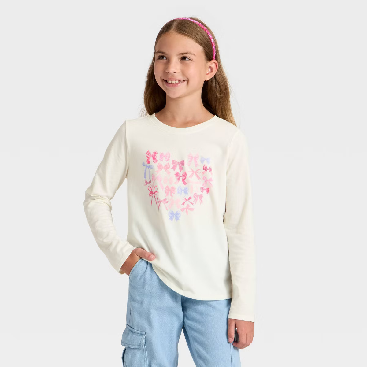Girls' Long Sleeve 'Bow Heart' Graphic T-Shirt - Cat & Jack™ Cream M | Target