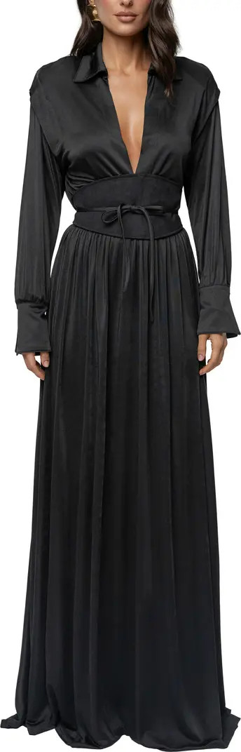 JLUXLABEL Collar Long Sleeve Satin Gown | Nordstrom | Nordstrom