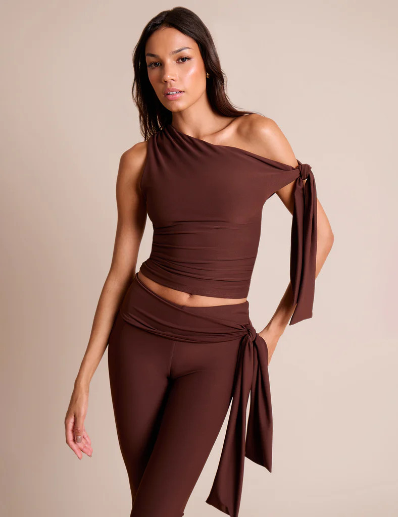 Knot Detail Asymmetric One Shoulder Luxe Slinky Top Chocolate | Public Desire