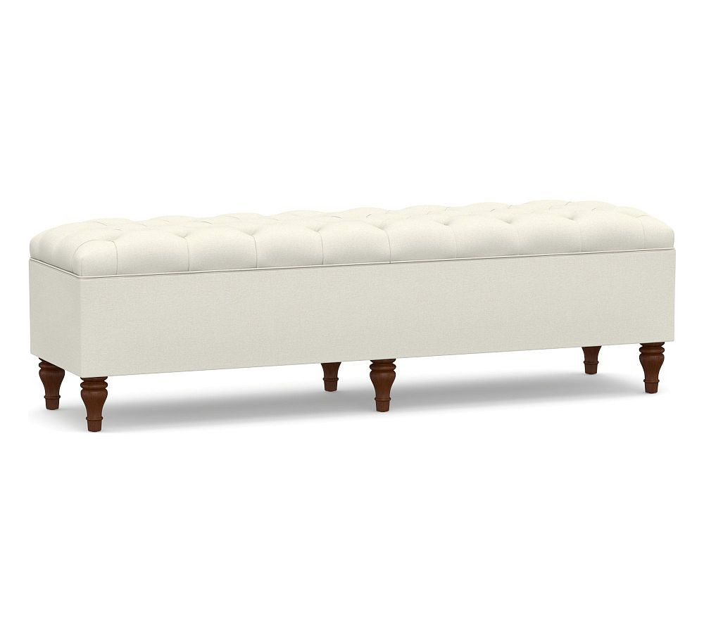 Lorraine Upholstered King Tufted Storage Bench, Espresso Legs, Rustic Linen White | Pottery Barn (US)