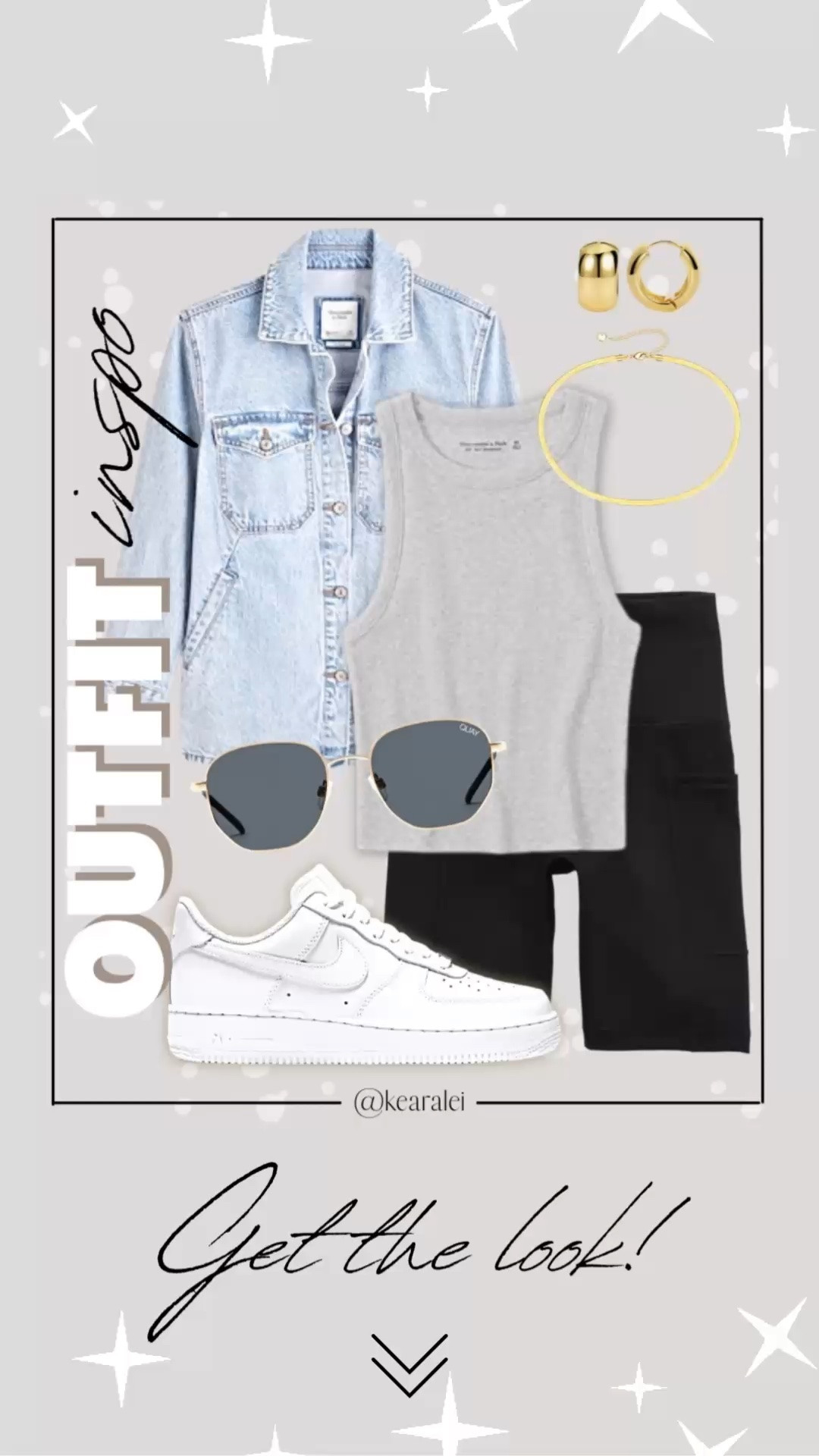 Spring outfits 2026 Summer outfits casual outfit sporty grey gray tank top T-shirt shirt with oversized denim jacket shacket light wash trucker jean jacket black bike shorts biker shorts white Nike Air Force 1s AF1s shoes sneakers casual outfit || Abercrombie & fitch aerie American Eagle Nordstrom target Amazon #outfit #spring #summer #boho #midsize #mom #abercrombie #nike #sporty
.
.
.
teacher outfits, Hailey Bieber looks street style business casual, casual outfits, neutrals, street style, Midi skirt, Maxi Dress, Swimsuit, Bikini, Travel, skinny Jeans, Puffer Jackets, Concert Outfits, Cocktail Dresses, Sweater dress, Sweaters, cardigans Fleece Pullovers, hoodies, button-downs, Oversized Sweatshirts, Jeans, High Waisted Leggings, dresses, joggers, fall Fashion, winter fashion, leather jacket, Sherpa jackets, Deals, shacket, Plaid Shirt Jackets, apple watch bands, lounge set, Date Night Outfits, Vacation outfits, Mom jeans, shorts, sunglasses, Disney outfits, Romper, jumpsuit, Airport outfits, biker shorts, Weekender bag, plus size fashion, Stanley cup tumbler, boots booties tall over the knee, ankle boots, Chelsea boots, combat boots, pointed toe, chunky sole, heel, high heels, sneakers, slip on shoes, Nike, adidas, vans, dr. marten’s, ugg slippers, golden goose, sandals, high heels, loafers, Birkenstock Birkenstocks, Target, Abercrombie and fitch, Amazon, Shein, Nordstrom, H&M, forever 21, forever21, Walmart, asos, Nordstrom rack, Nike, adidas, Vans, Quay, Tarte, Sephora, lululemon

#LTKootd #LTKSeasonal #LTKSaleAlert