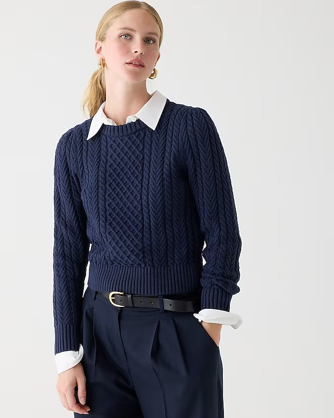 Cable-knit puff-sleeve crewneck sweater | J.Crew US