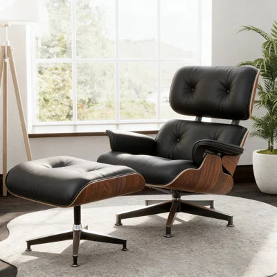 Mid Century Modern Leather Lounge Chair and Ottoman Set, Solid Wood Accent Chair with Aluminum Alloy Base, Upholstered Chaise Lounge Chair for Living | Wayfair North America