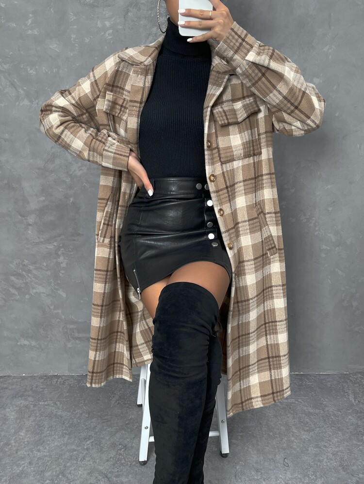 Plaid Print Flap Pocket Drop Shoulder Coat | SHEIN