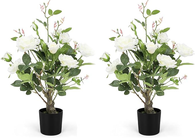 2Pack Artificial Rose Flower Trees, 24Inch White Faux Rose Tree with Green Leaves for Living Room... | Amazon (US)