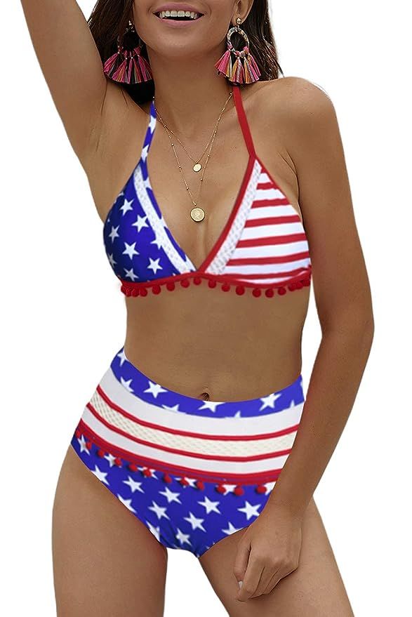 Angerella Women's Mesh Striped High Waisted Bikini Set Tassel Trim Swimsuit | Amazon (US)