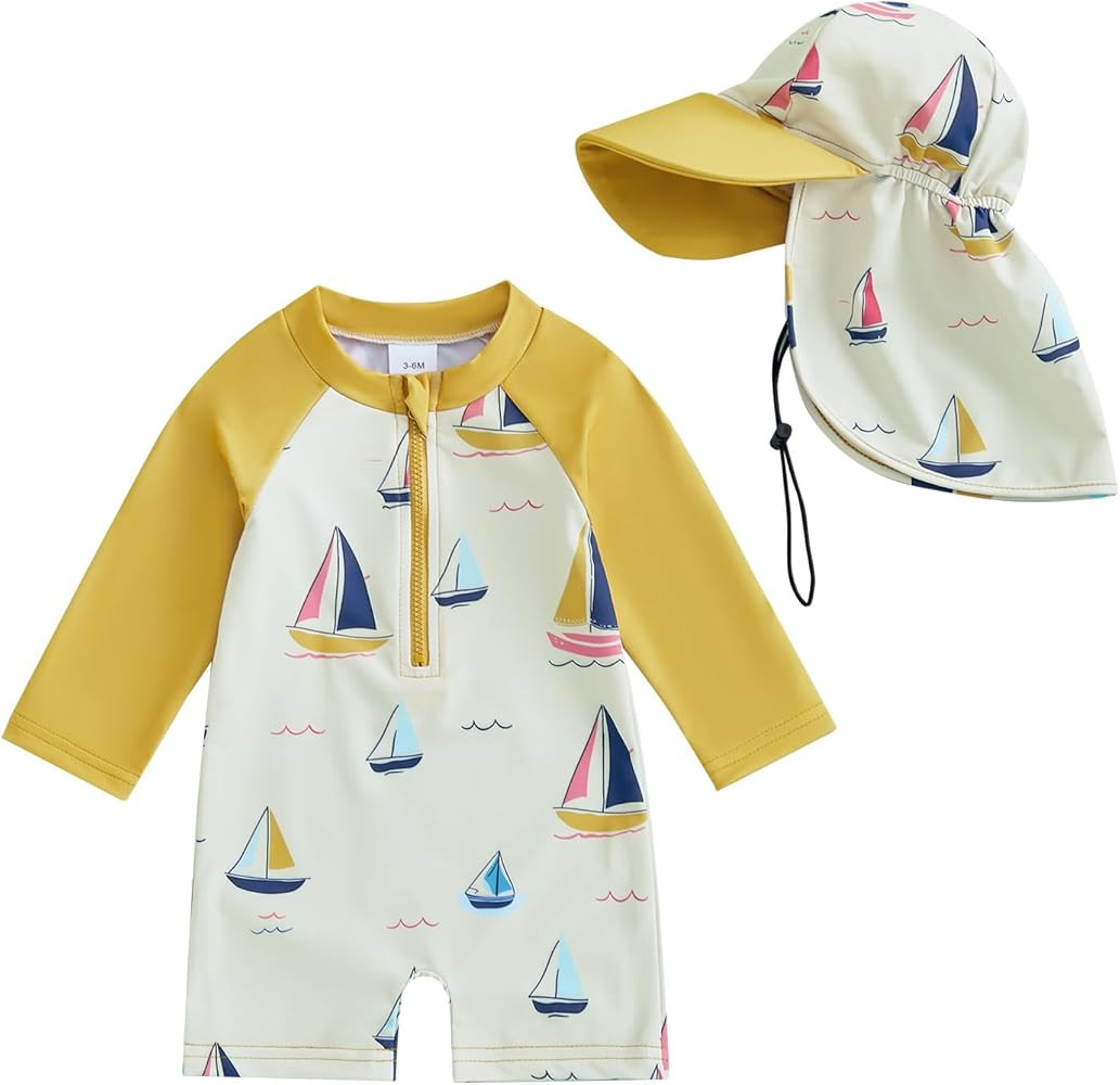 Toddler Baby Boy Rash Guard Swimsuit Long Sleeve Zipper One Piece Bathing Suit with Hat Infant Be... | Amazon (US)