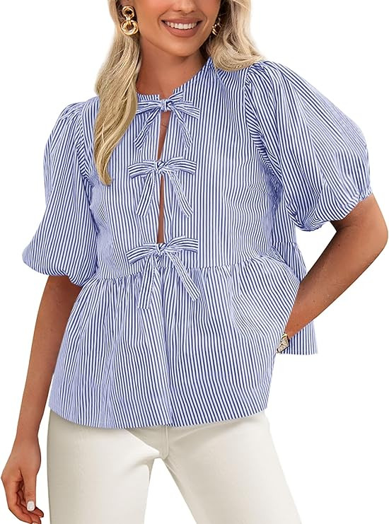 PRETTYGARDEN Women's Tie Front Striped Shirt 2025 Summer Trendy Fashion Cute Babydoll Tops Peplum... | Amazon (US)