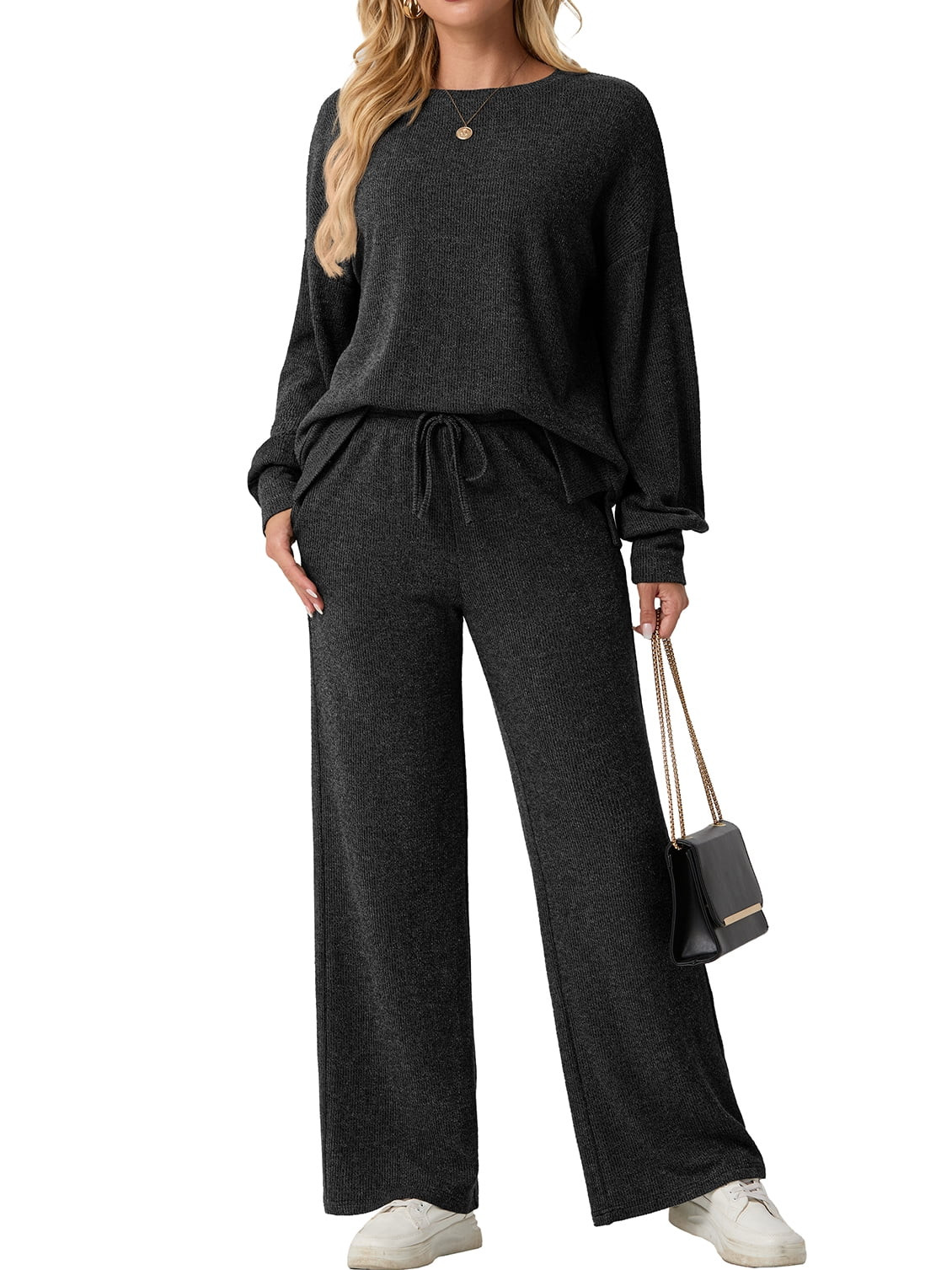 Cueply Two Piece Sets for Women Outfits Fall Lounge Set Sweatshirt Knit Pullover Sweater Tops Wide Leg Pants - Walmart.com | Walmart (US)