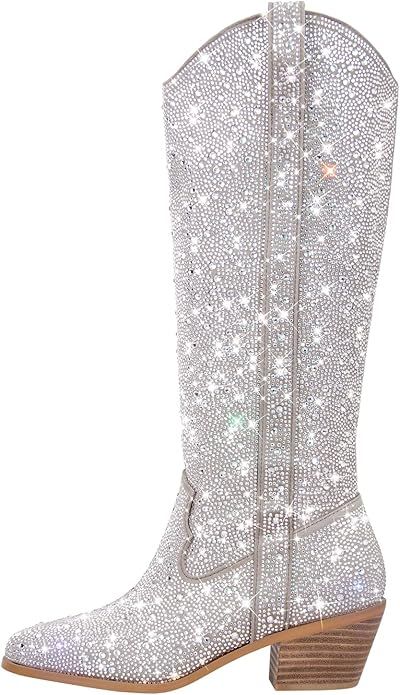 Atuelang Women's Rhinestone Cowboy Boots Sparkly Knee High Boots Fashion Pointed Toe Block Heel M... | Amazon (US)