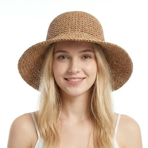 Straw Beach Sun Hats for Women Foldable Floppy Wide Brim Summer Travel Sun Hat Packable Straw Bucket Hat Khaki | Amazon (US)