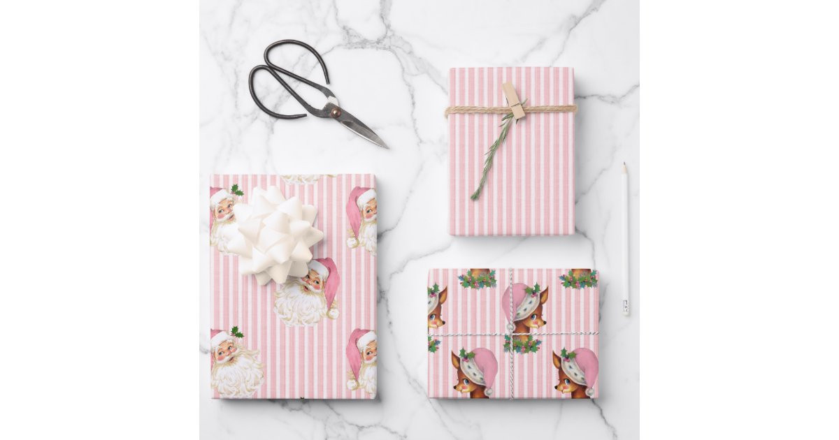 Vintage Santa & Reindeer Pink Stripe Wrapping Paper Sheets | Zazzle | Zazzle