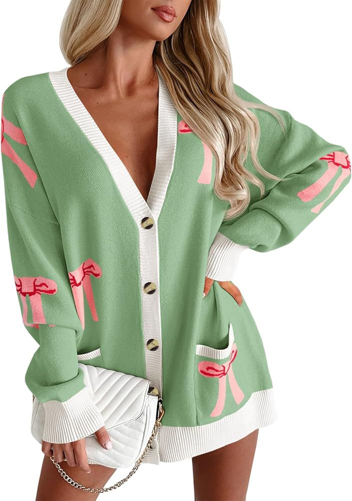 Saodimallsu Womens Oversized Cardigan Sweaters Bow Printed Button V Neck Long Sleeve Loose Knit F... | Amazon (US)