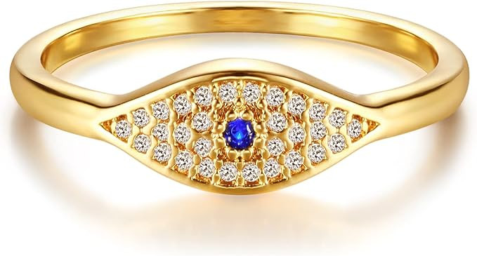 GNIRTSI Gold Evil Eye Ring for Women Cubic Zirconia 14K Gold Plated Minimalist Stack Thin Band Fi... | Amazon (US)