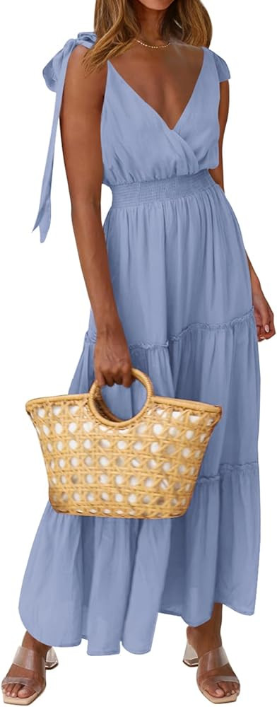 PRETTYGARDEN Women's Cross Neck Summer Sleeveless Tiered Maxi Dress Beach Tie Strap Smocked Long ... | Amazon (US)