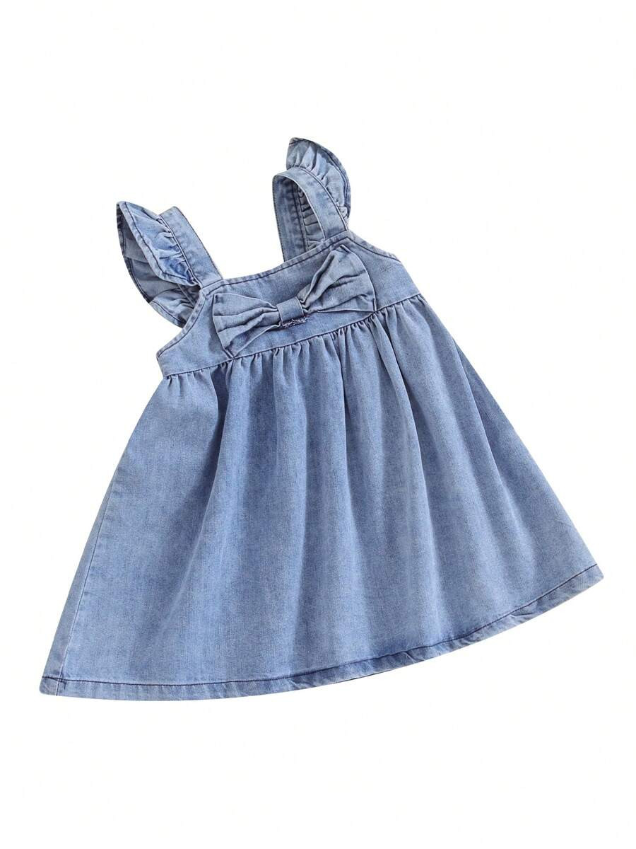 LocalToddler Girl Summer Sundresses Baby Denim Ruffle Dress Sleeveless Strap Pleated A-Line Layer... | SHEIN