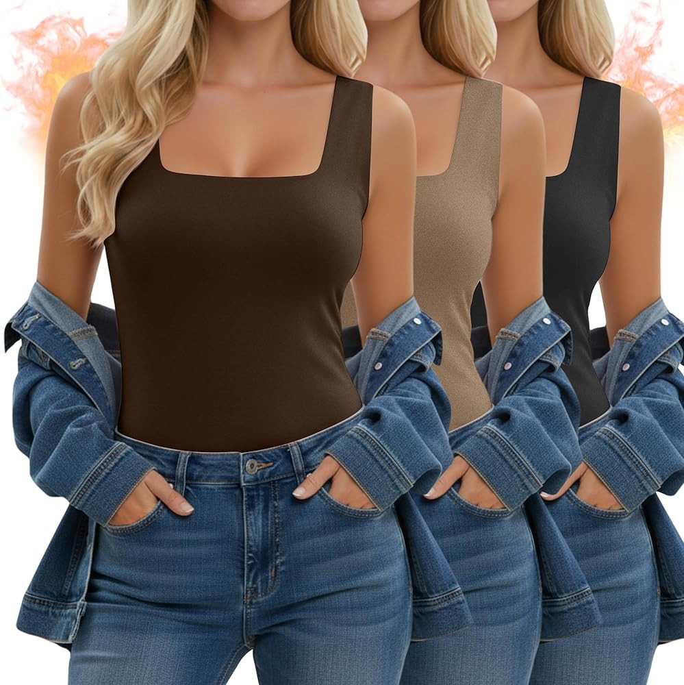 3 Pack Women's Thermal Tank Tops, Fleece Lined Raw Hem Sleeveless Tops Camisole Warm Square Neck ... | Amazon (US)