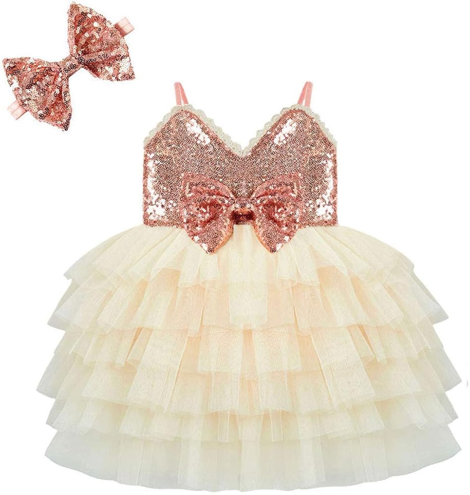 Cilucu Baby Girl Cake Smash Dress Infant Sequin Flower Girl Dress Tutu with Cute Bow | Amazon (US)
