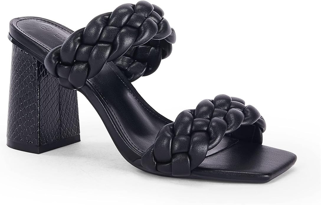 Syktkmx Women's Braided Heeled Sandals Backless Square Open Toe Block Slide Sandals | Amazon (US)