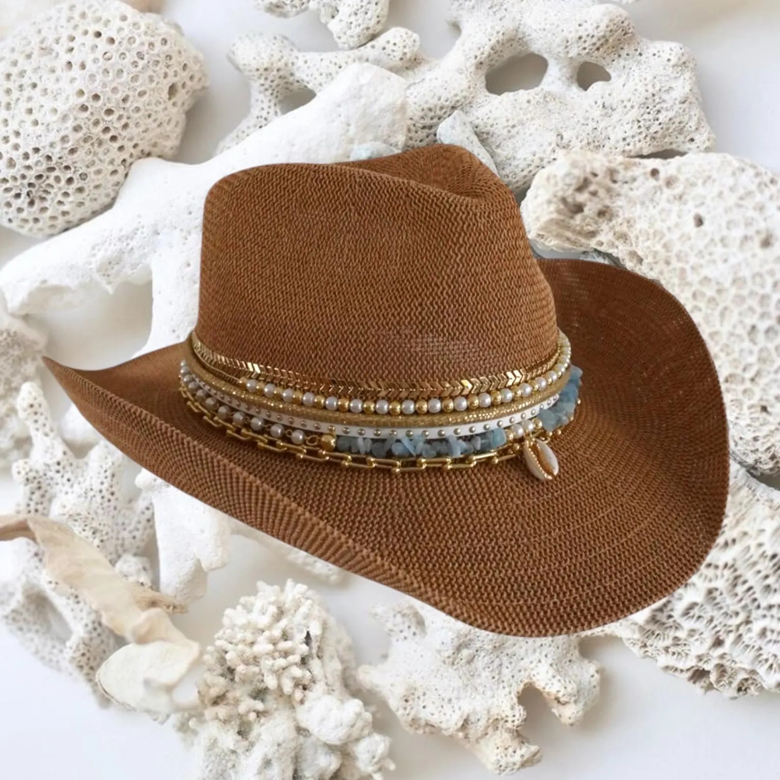 Luxury Coastal Cowgirl Hat: Shells, Gold Jewelry, Handmade Straw Western - Etsy | Etsy (US)