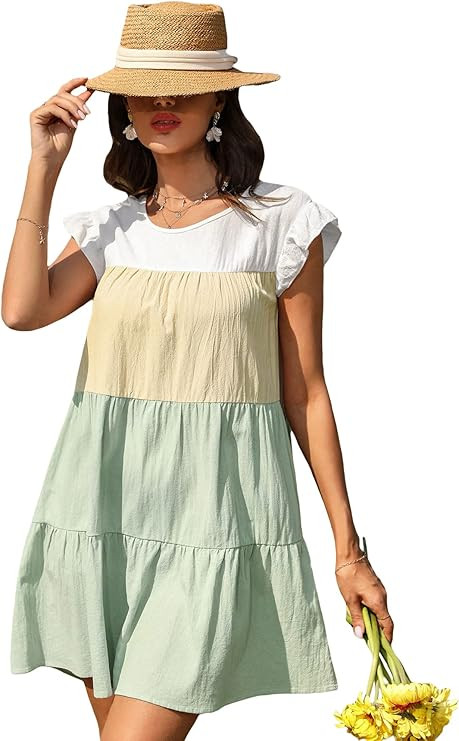 Floerns Women's Colorblock Short Sleeve Loose Tiered Ruffle Smock Mini Dress | Amazon (US)