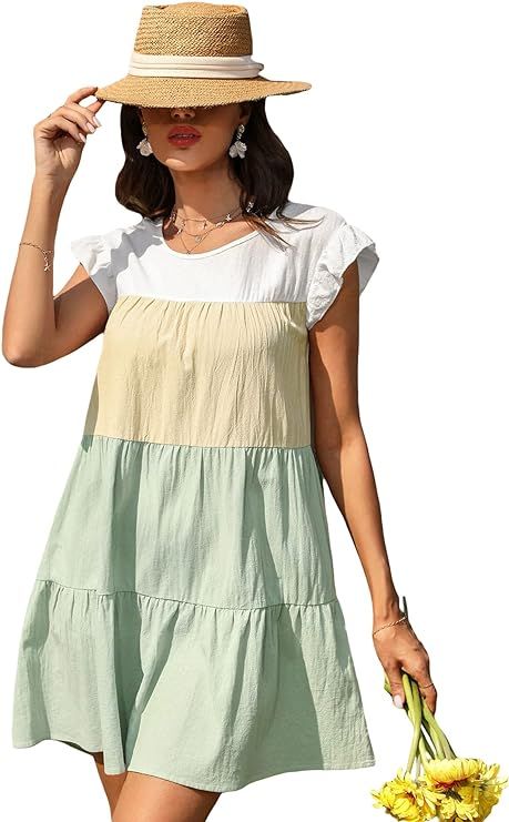 Floerns Women's Colorblock Short Sleeve Loose Tiered Ruffle Smock Mini Dress | Amazon (US)