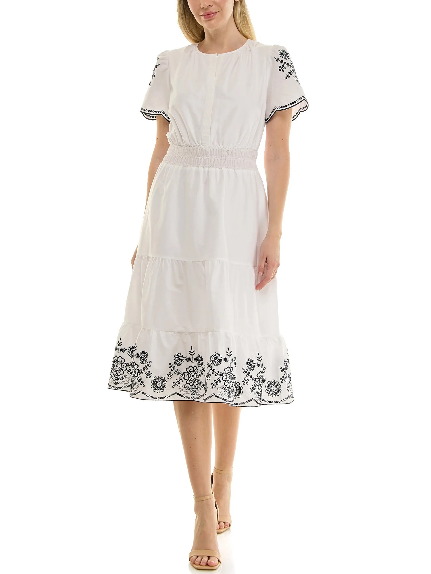 Nanette Lepore Split Neck Cotton Midi Dress With Embroidery - Walmart.com | Walmart (US)