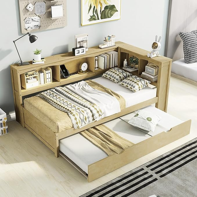 SOFTSEA Twin Size Daybed with Trundle and Bookcase, Wood Corner Bed with USB Ports, Storage Headb... | Amazon (US)