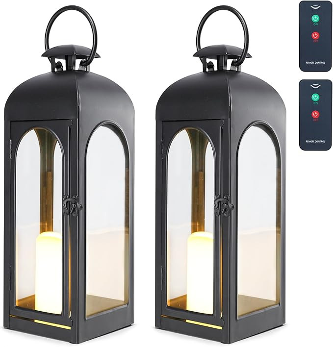 Bdor 2 Pack 20 Inches Metal and Tempered Glass Decorative Lantern with Electronic Wax Effect - In... | Amazon (US)