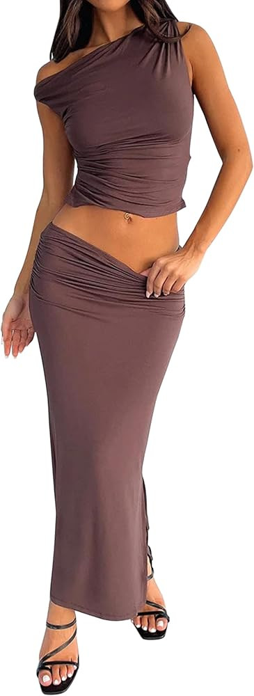 MISSACTIVER Women's Two Piece Outfit Asymmetrical Neck Ruched Crop Top and High Waist Split Maxi ... | Amazon (US)