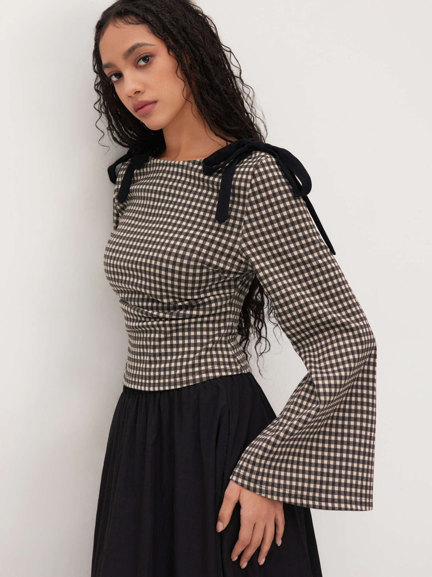 Boat Neck Gingham Bowknot Ruched Long Sleeve Top | Cider
