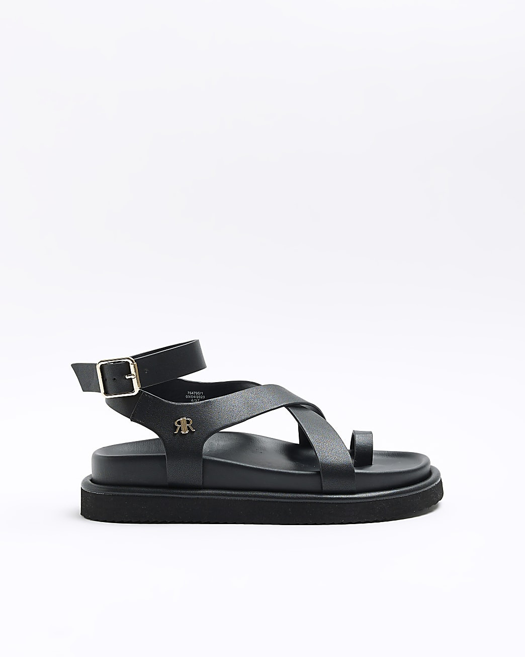 BLACK STRAP OVER FLATFORM SANDALS | River Island (UK & IE)