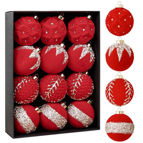 WDF 12PCS Red Christmas Ornaments - Velvet Christmas Balls - 3.15inch - Traditional - Shatterproof - Christmas | Amazon (US)