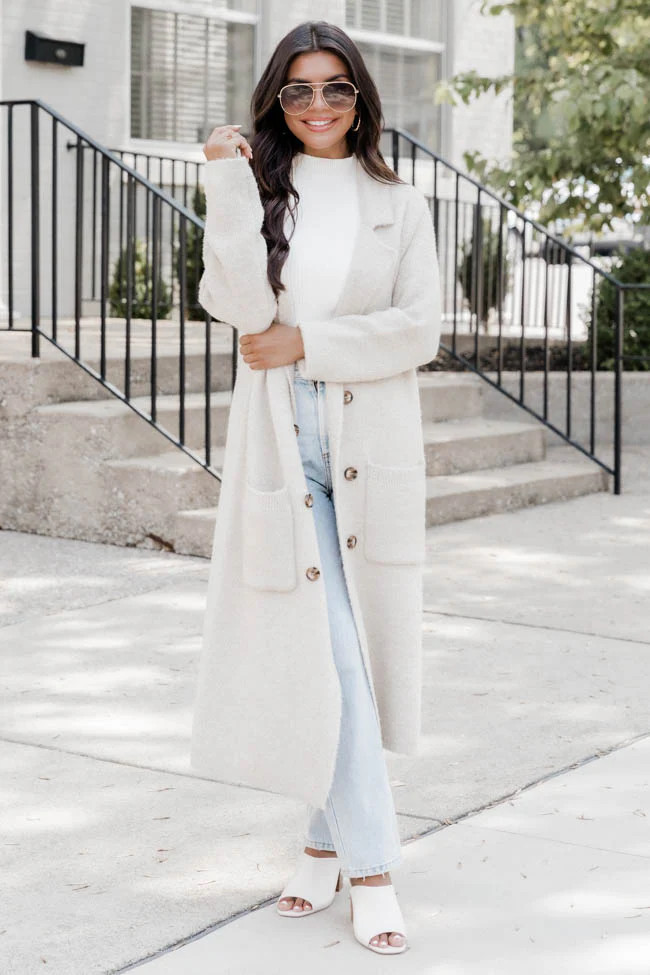 All Bundled Up Oatmeal Fuzzy Coat Cardigan | Pink Lily