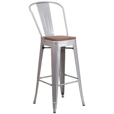 Merrick Lane 30" High Silver Metal Barstool with Back and Wood Seat | Target