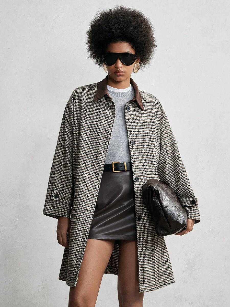 Lumivelle Casual Women's Brown Plaid Thigh-Length Coat With Collar And Long Regular Sleeves Featu... | SHEIN