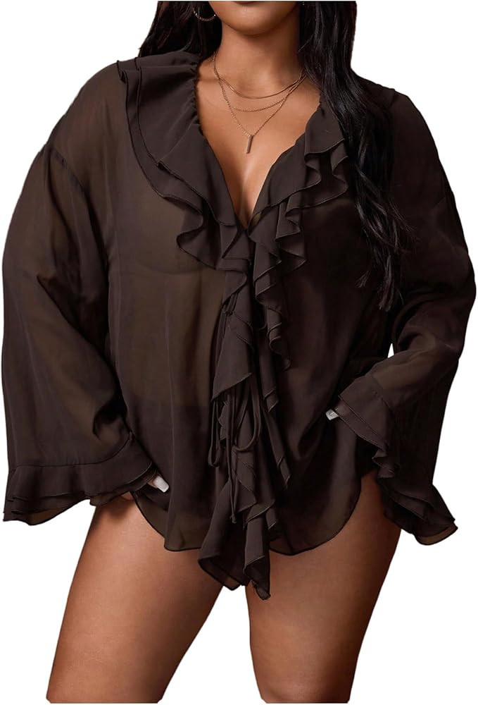 GORGLITTER Women's Plus Size Bell Sleeve Tie Front Top Ruffle Mesh Sheer Going Out Blouse | Amazon (US)