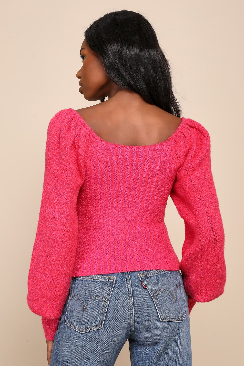Katie Hot Pink Ribbed Knit Balloon Sleeve Sweater Top | Lulus