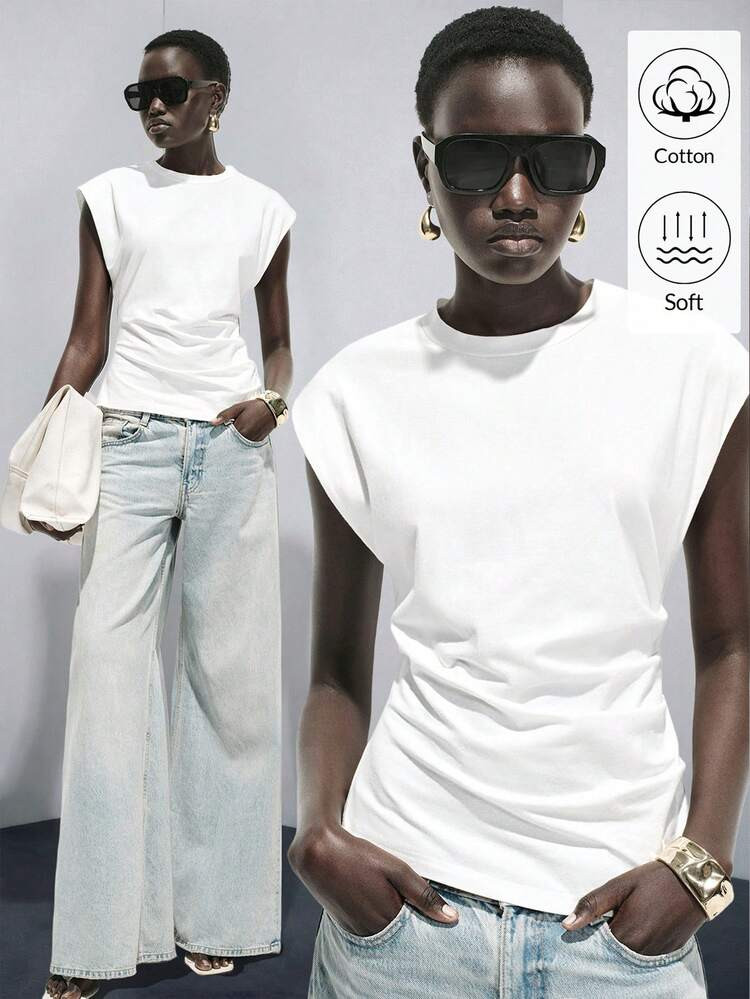Lumivelle Women's Spring/Summer New Pure Cotton Round Neck Ruched Casual/Work T-Shirt, White | SHEIN