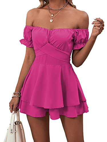 LYANER Women's Off the Shoulder Wrap Tie Up Back Ruffle Trim Short Sleeve Romper Short Jumpsuit Hot Pink Medium | Amazon (US)