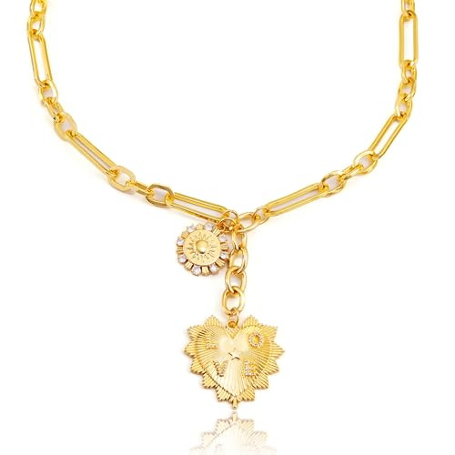 ORIGENCE Chunky Gold Heart Necklace Gold Charm Necklace Chunky Charm Necklace Sun Heart Pendent Necklace for Women 18K Gold Plated Charm Necklace Hip Hop Charm Necklace Unisex Jewelry | Amazon (US)