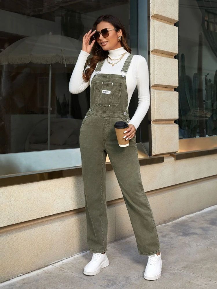 Letter Patched Pocket Front Denim Overalls Without Tee | SHEIN