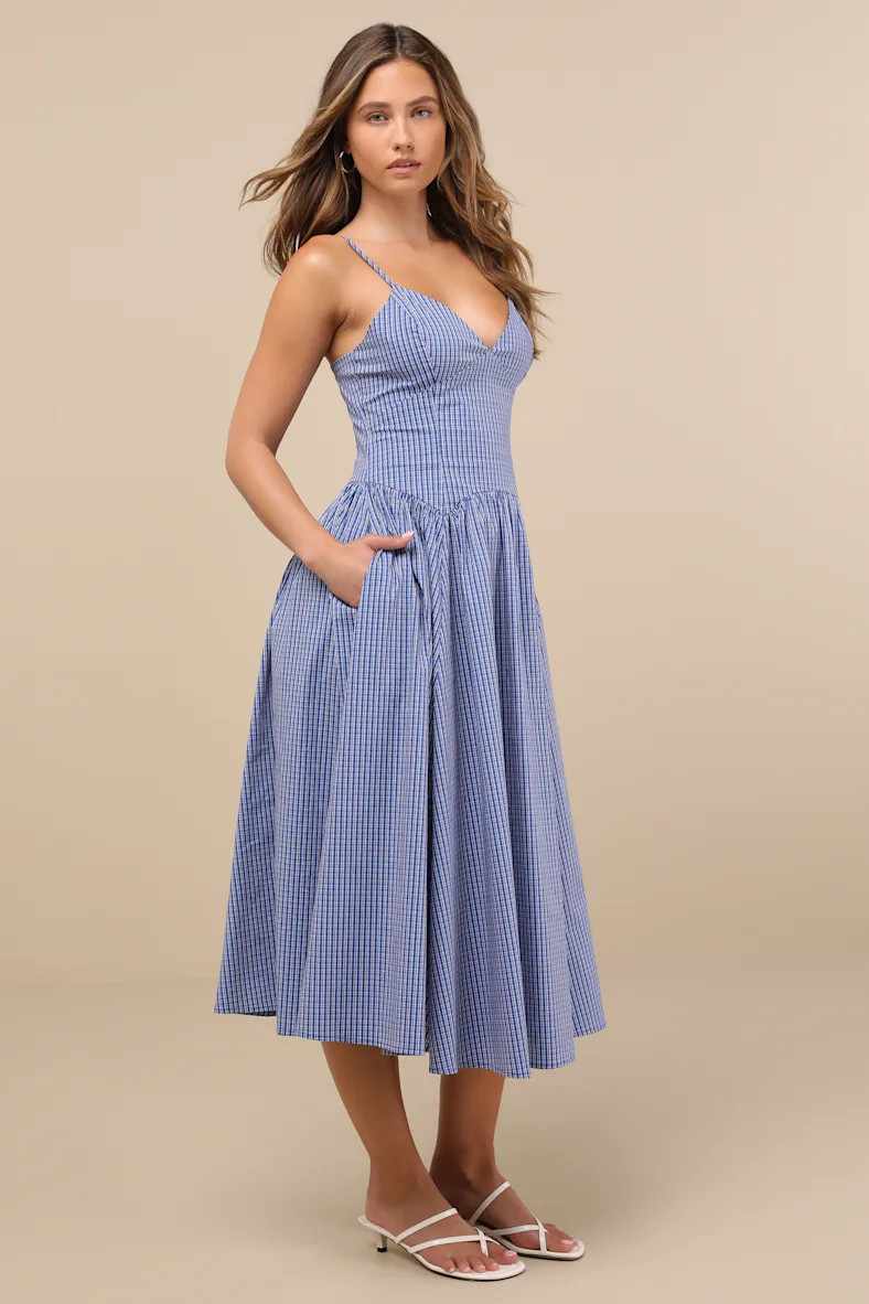 Carlota Blue Gingham Sleeveless Midi Dress | Lulus