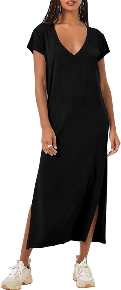 Fisoew Women’s Summer Casual T Shirt Dress Short Sleeve V Neck Loose Side Split Maxi Dresses | Amazon (US)